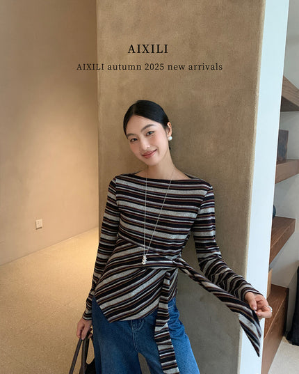AIXILI Retro Stripe Drape-Hem Tie-Waist Knit Top