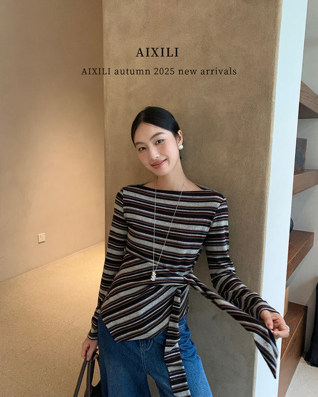AIXILI Retro Stripe Drape-Hem Tie-Waist Knit Top