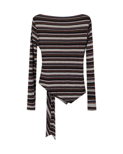 AIXILI Retro Stripe Drape-Hem Tie-Waist Knit Top