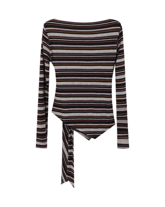 AIXILI Retro Stripe Drape-Hem Tie-Waist Knit Top