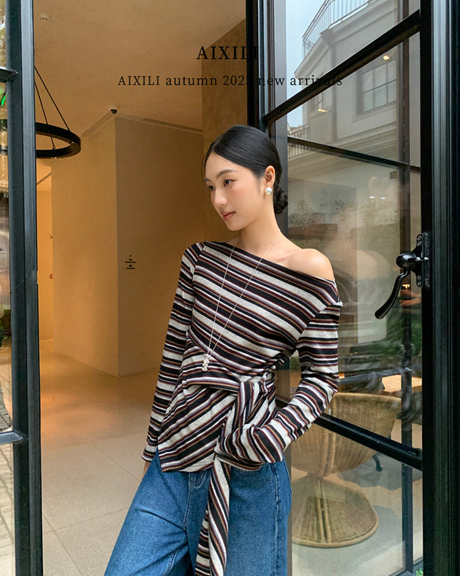 AIXILI Retro Stripe Drape-Hem Tie-Waist Knit Top