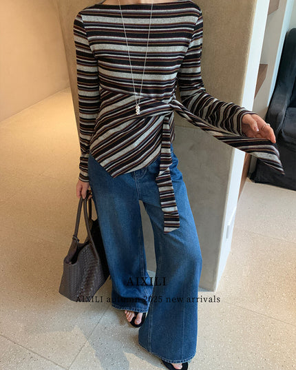 AIXILI Retro Stripe Drape-Hem Tie-Waist Knit Top