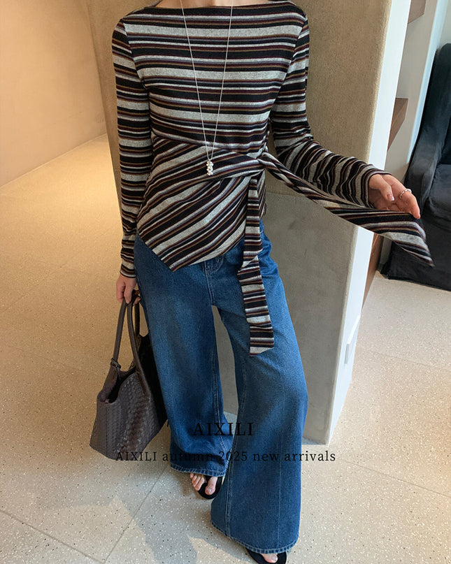 AIXILI Retro Stripe Drape-Hem Tie-Waist Knit Top