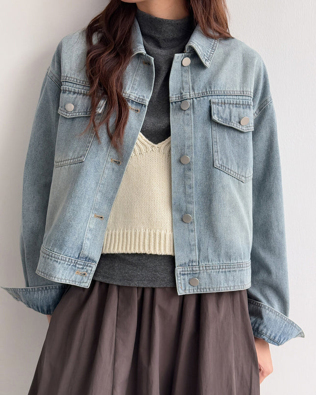 APXIVI Retro Polo-Collar Cropped Denim Jacket