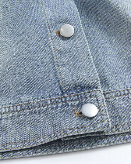 APXIVI Retro Polo-Collar Cropped Denim Jacket