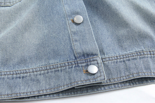 APXIVI Retro Polo-Collar Cropped Denim Jacket