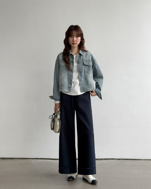 APXIVI Retro Polo-Collar Cropped Denim Jacket