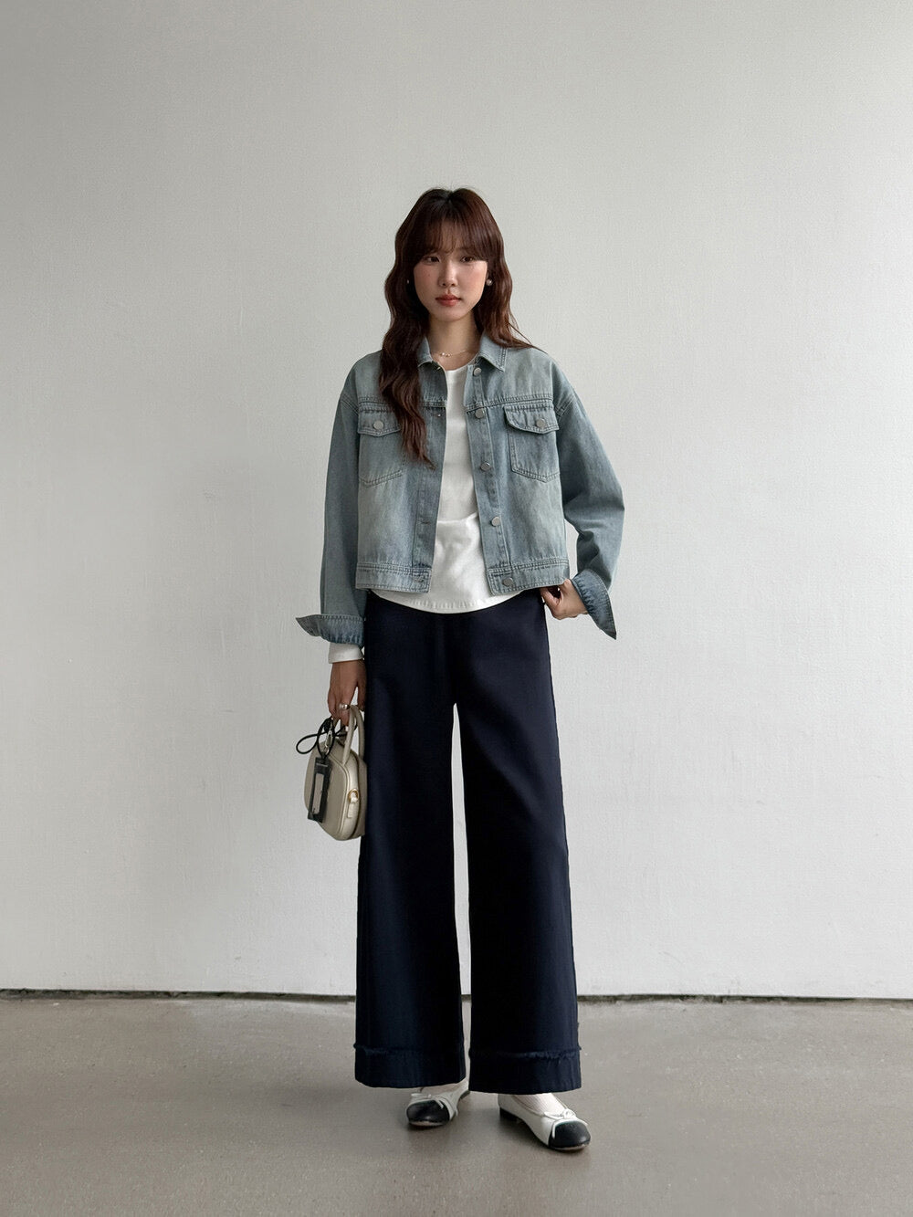 APXIVI Retro Polo-Collar Cropped Denim Jacket