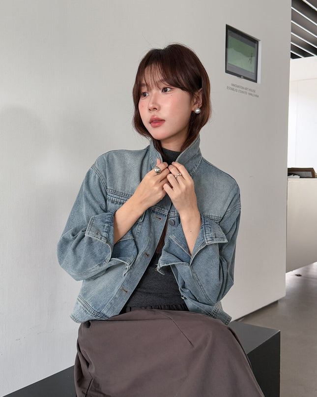APXIVI Retro Polo-Collar Cropped Denim Jacket