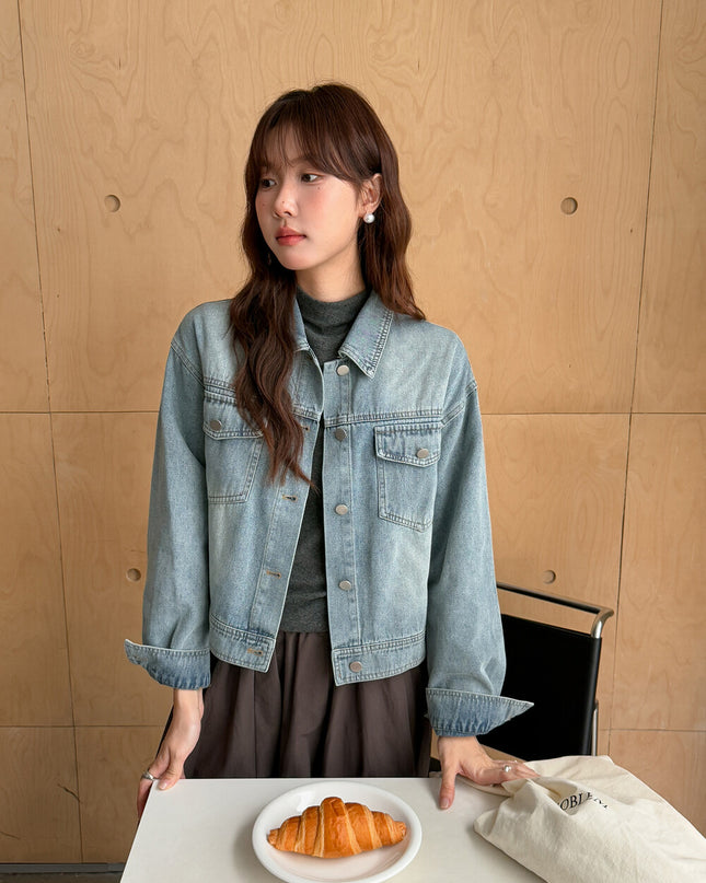 APXIVI Retro Polo-Collar Cropped Denim Jacket
