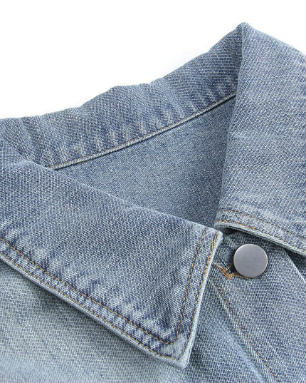 APXIVI Retro Polo-Collar Cropped Denim Jacket