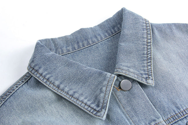 APXIVI Retro Polo-Collar Cropped Denim Jacket