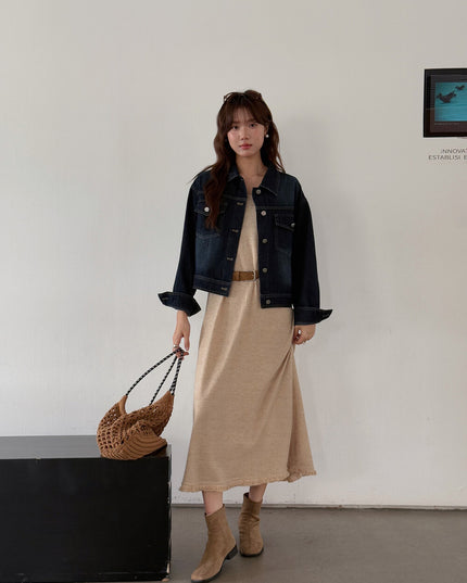 APXIVI Retro Polo-Collar Cropped Denim Jacket