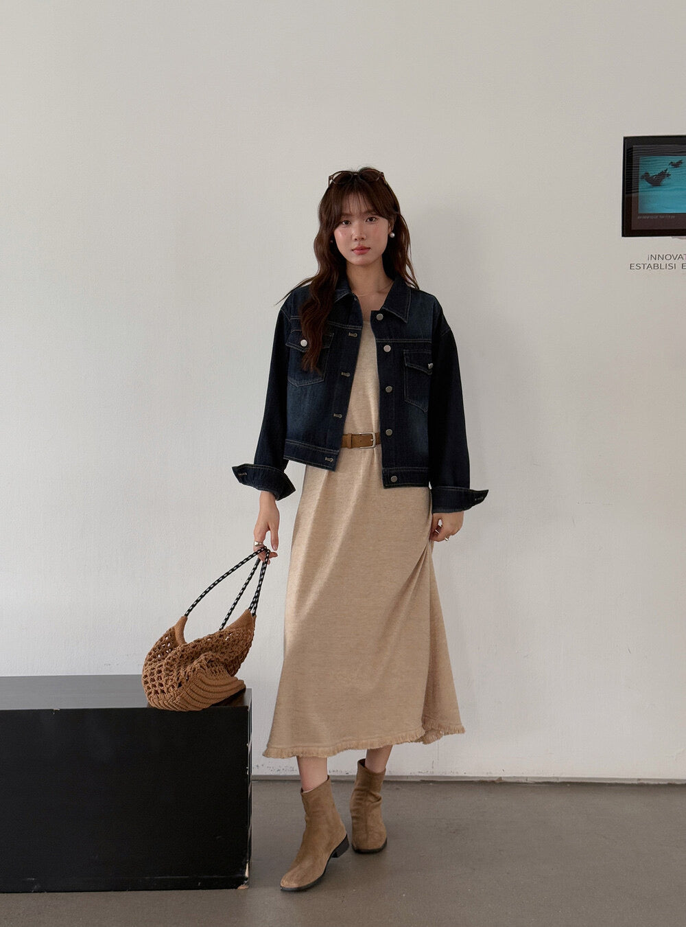 APXIVI Retro Polo-Collar Cropped Denim Jacket