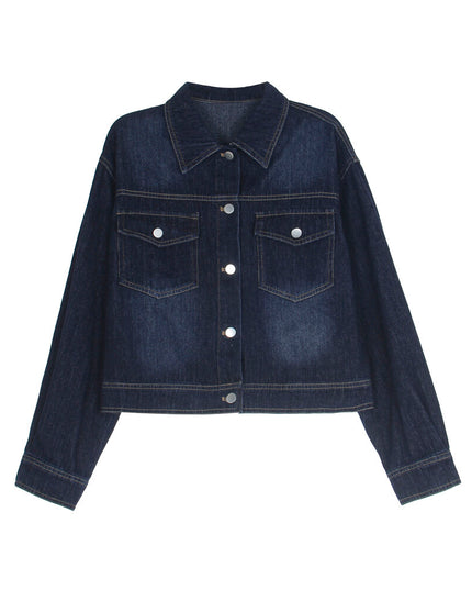 APXIVI Retro Polo-Collar Cropped Denim Jacket