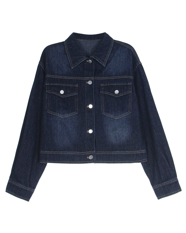 APXIVI Retro Polo-Collar Cropped Denim Jacket