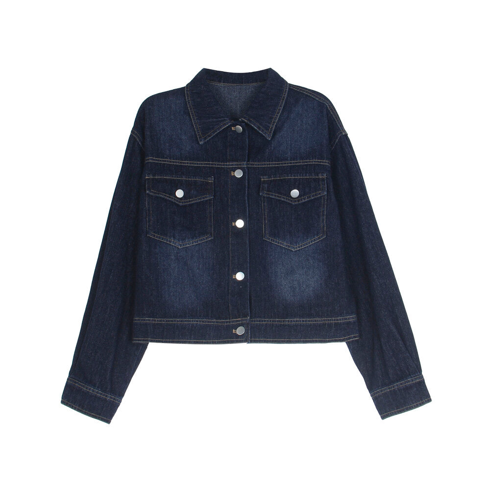 APXIVI Retro Polo-Collar Cropped Denim Jacket