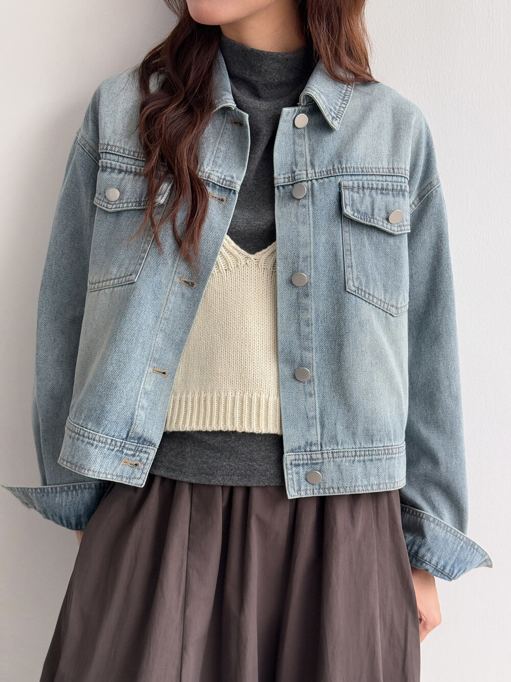 APXIVI Retro Polo-Collar Cropped Denim Jacket