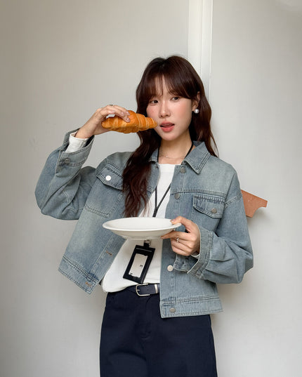APXIVI Retro Polo-Collar Cropped Denim Jacket