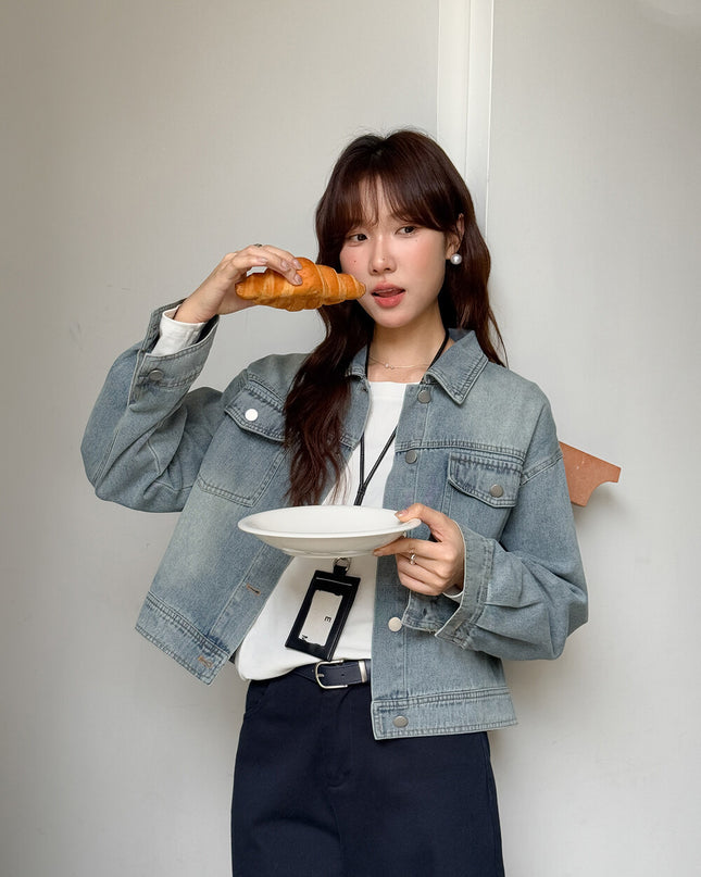 APXIVI Retro Polo-Collar Cropped Denim Jacket
