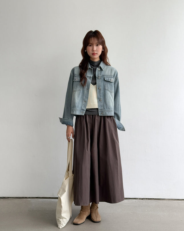 APXIVI Retro Polo-Collar Cropped Denim Jacket