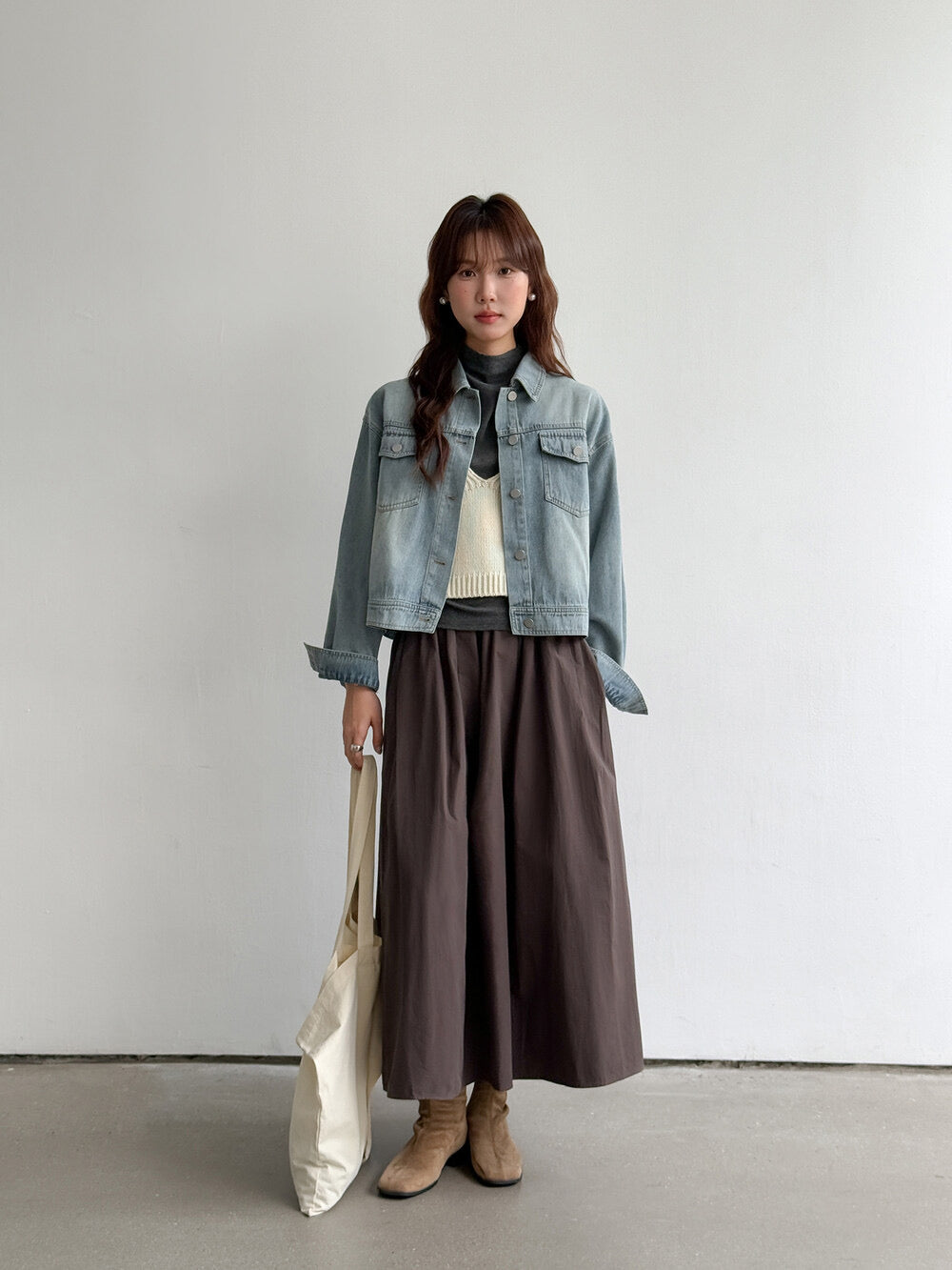APXIVI Retro Polo-Collar Cropped Denim Jacket