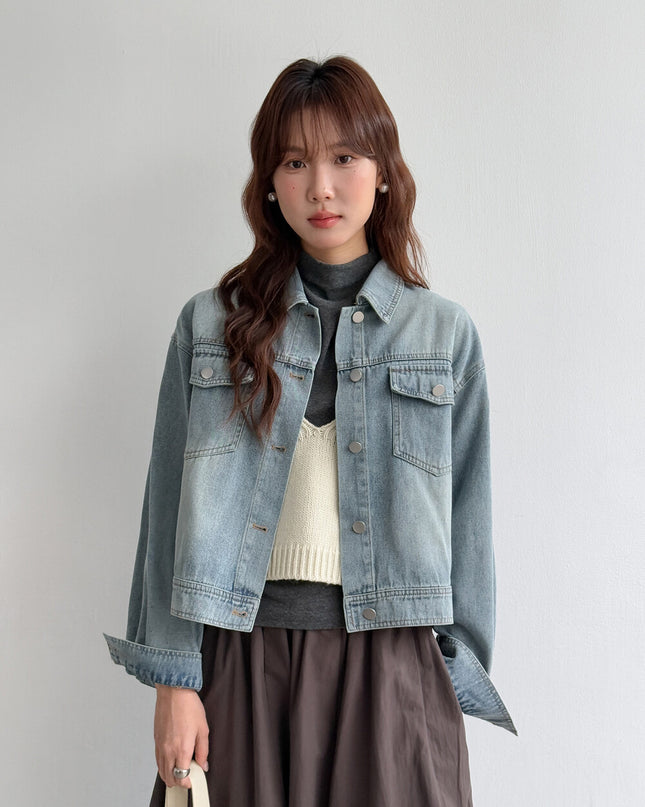 APXIVI Retro Polo-Collar Cropped Denim Jacket
