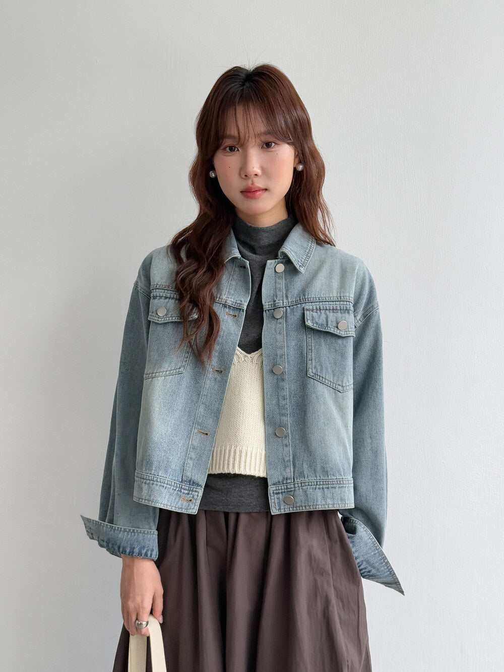 APXIVI Retro Polo-Collar Cropped Denim Jacket