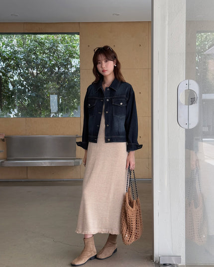 APXIVI Retro Polo-Collar Cropped Denim Jacket