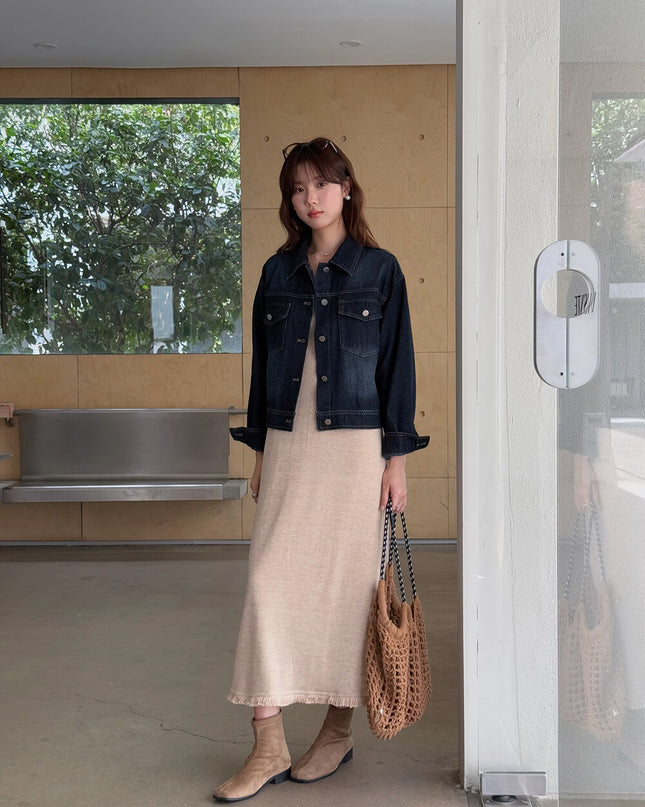 APXIVI Retro Polo-Collar Cropped Denim Jacket