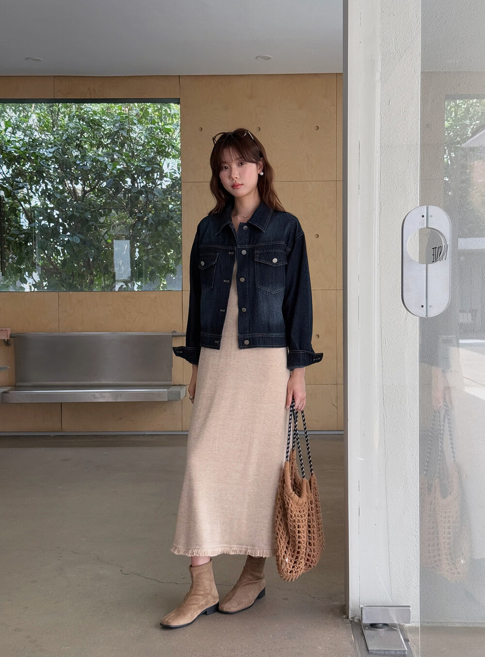 APXIVI Retro Polo-Collar Cropped Denim Jacket