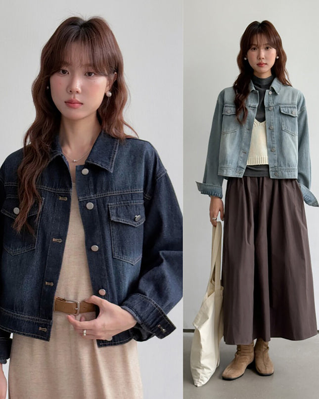 APXIVI Retro Polo-Collar Cropped Denim Jacket