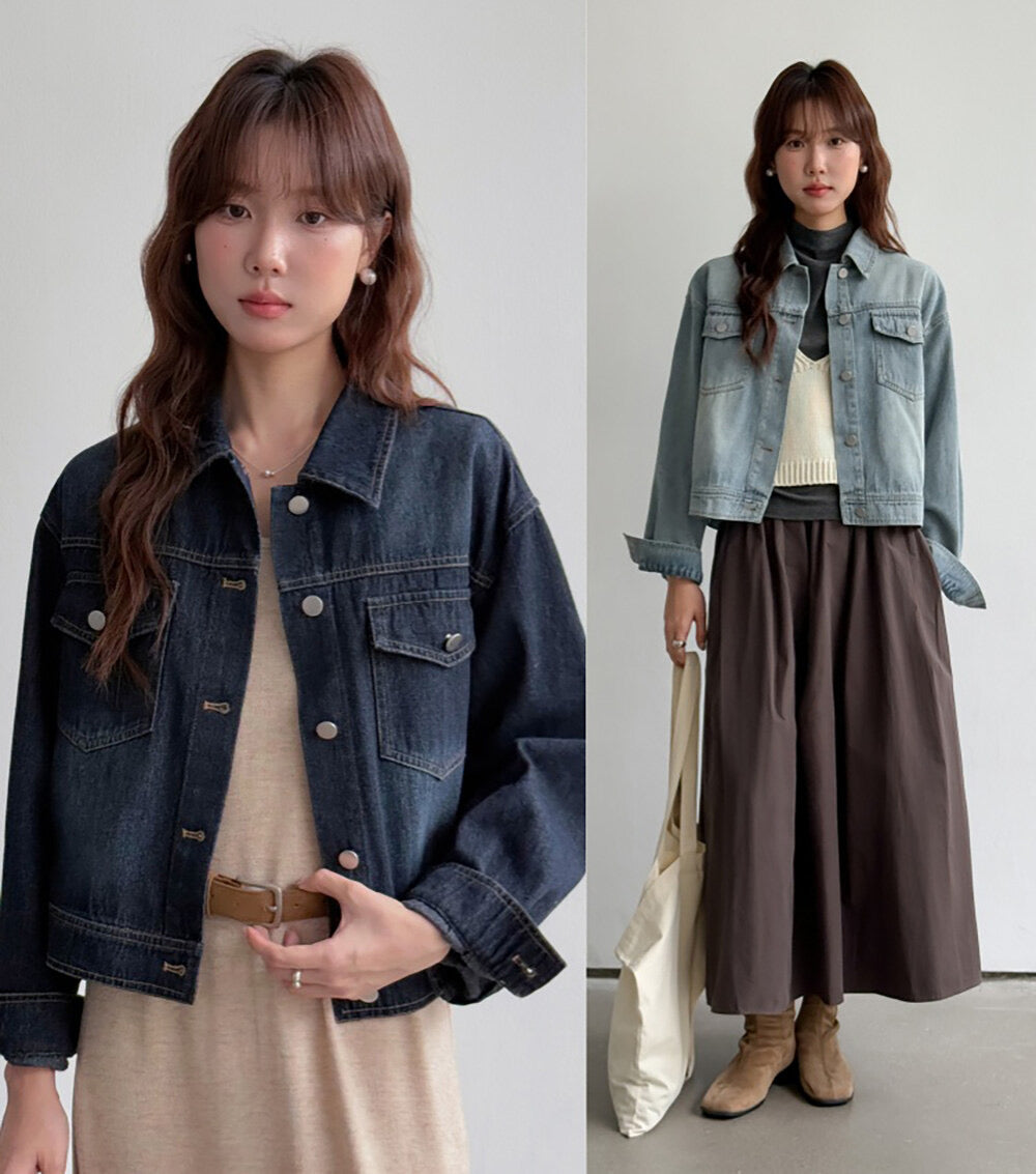APXIVI Retro Polo-Collar Cropped Denim Jacket