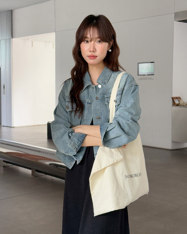 APXIVI Retro Polo-Collar Cropped Denim Jacket