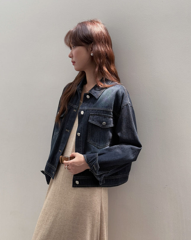 APXIVI Retro Polo-Collar Cropped Denim Jacket