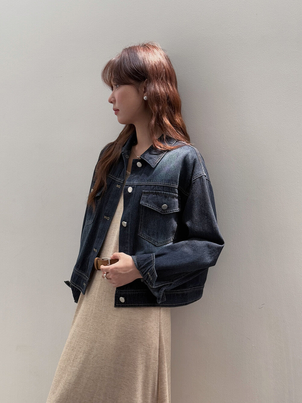 APXIVI Retro Polo-Collar Cropped Denim Jacket