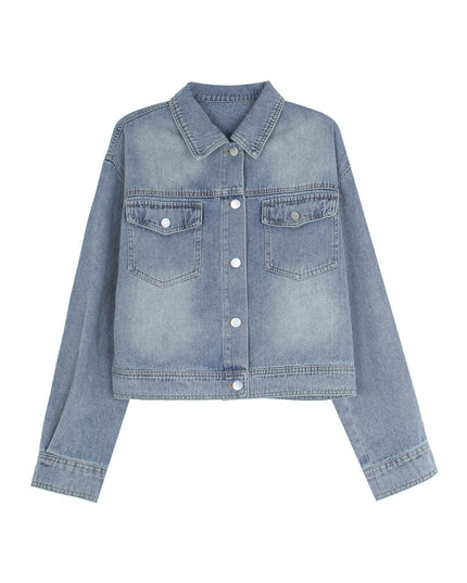 APXIVI Retro Polo-Collar Cropped Denim Jacket