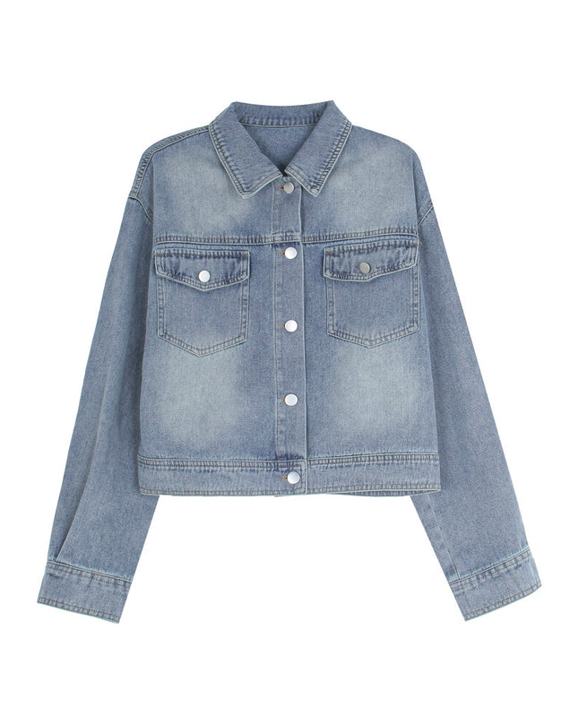 APXIVI Retro Polo-Collar Cropped Denim Jacket
