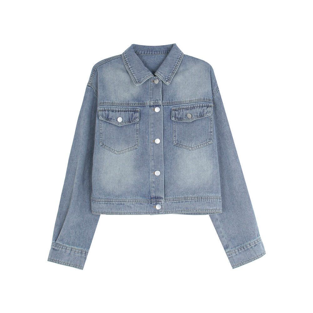 APXIVI Retro Polo-Collar Cropped Denim Jacket