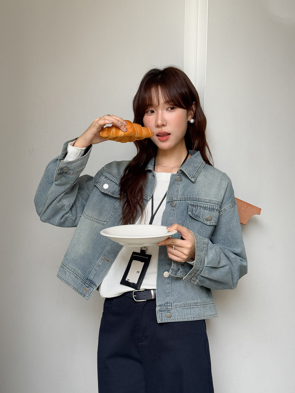 APXIVI Retro Polo-Collar Cropped Denim Jacket