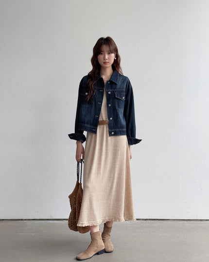 APXIVI Retro Polo-Collar Cropped Denim Jacket