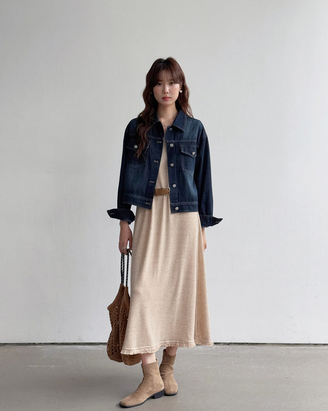 APXIVI Retro Polo-Collar Cropped Denim Jacket