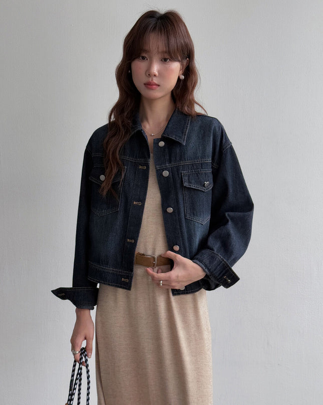 APXIVI Retro Polo-Collar Cropped Denim Jacket