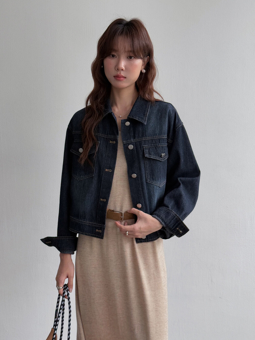 APXIVI Retro Polo-Collar Cropped Denim Jacket