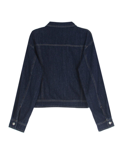 APXIVI Retro Polo-Collar Cropped Denim Jacket