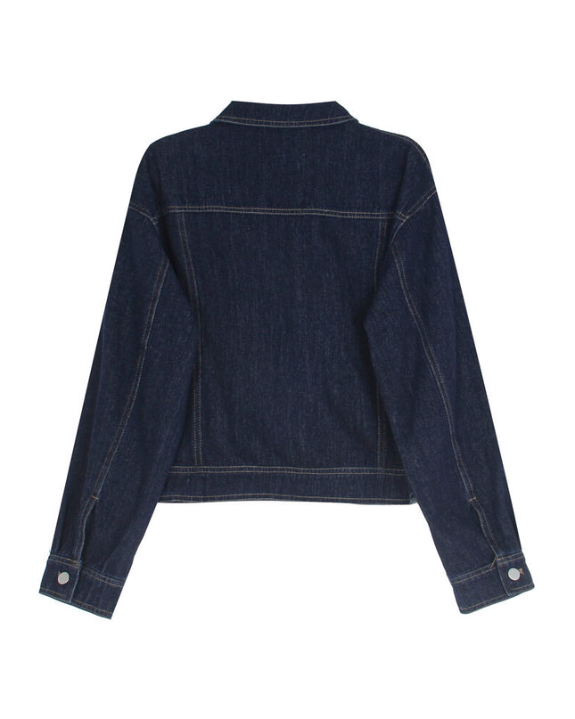 APXIVI Retro Polo-Collar Cropped Denim Jacket