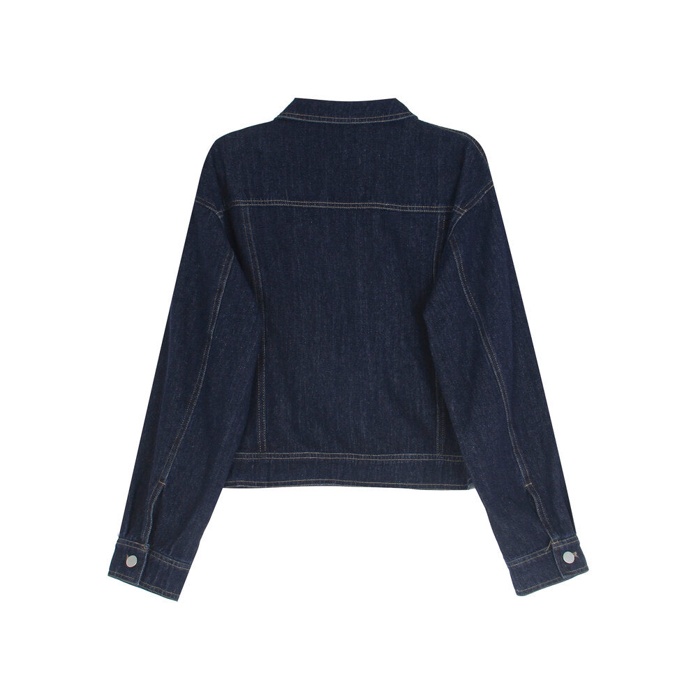 APXIVI Retro Polo-Collar Cropped Denim Jacket