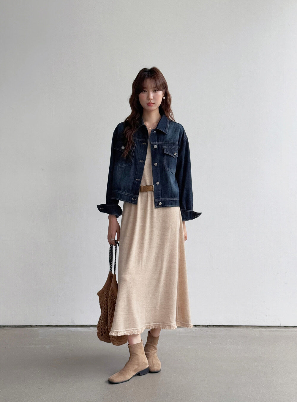 APXIVI Retro Polo-Collar Cropped Denim Jacket