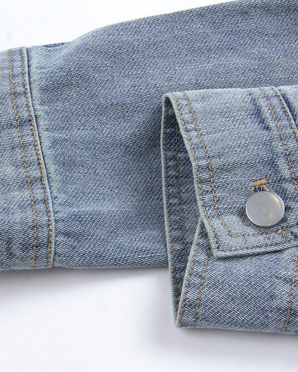 APXIVI Retro Polo-Collar Cropped Denim Jacket