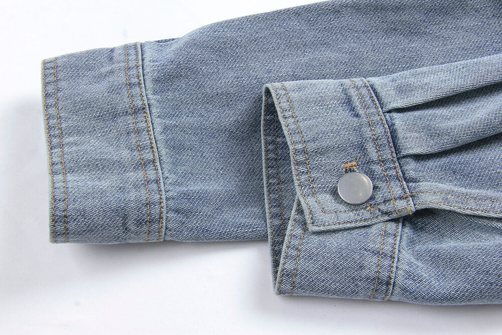 APXIVI Retro Polo-Collar Cropped Denim Jacket